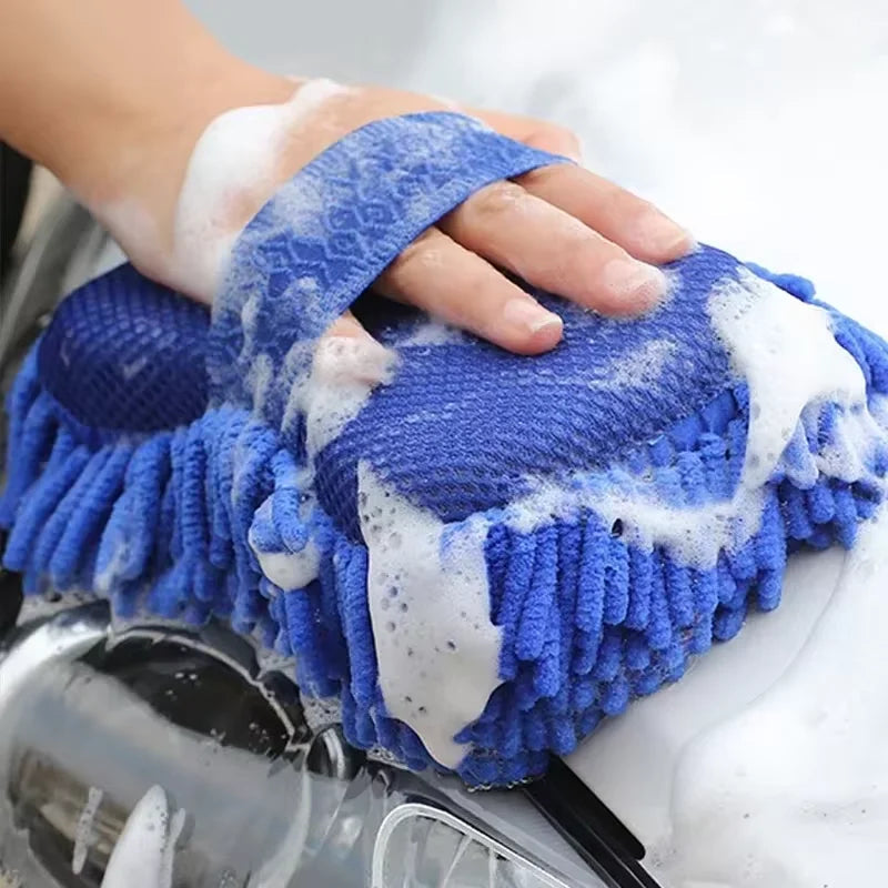 1/2Pcs Blue Microfiber Chenille Car Wash Kit, Auto Cleaning Sponge Pad Washing Glove Towel, Essential Auto Detailing Accessories CM World