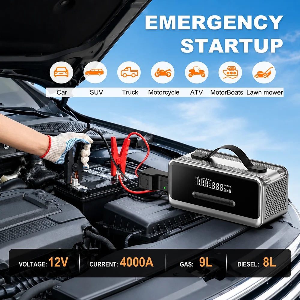Jump Starter with 180PSI Air Pump & Air Blower, 12V 12-in-1 Emergency Power Pack with LED Light for 9.0L Gas / 6.5L Diesel
