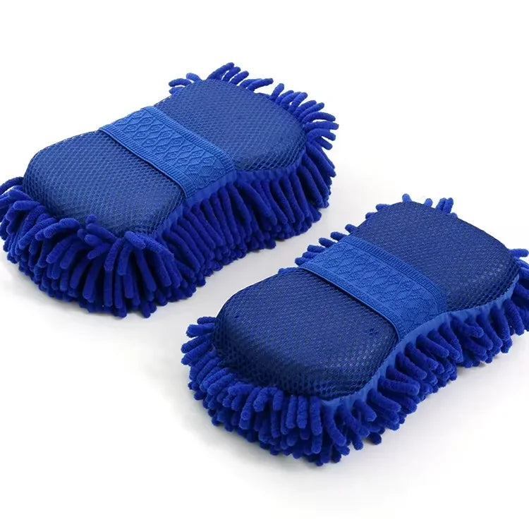 1/2Pcs Blue Microfiber Chenille Car Wash Kit, Auto Cleaning Sponge Pad Washing Glove Towel, Essential Auto Detailing Accessories CM World