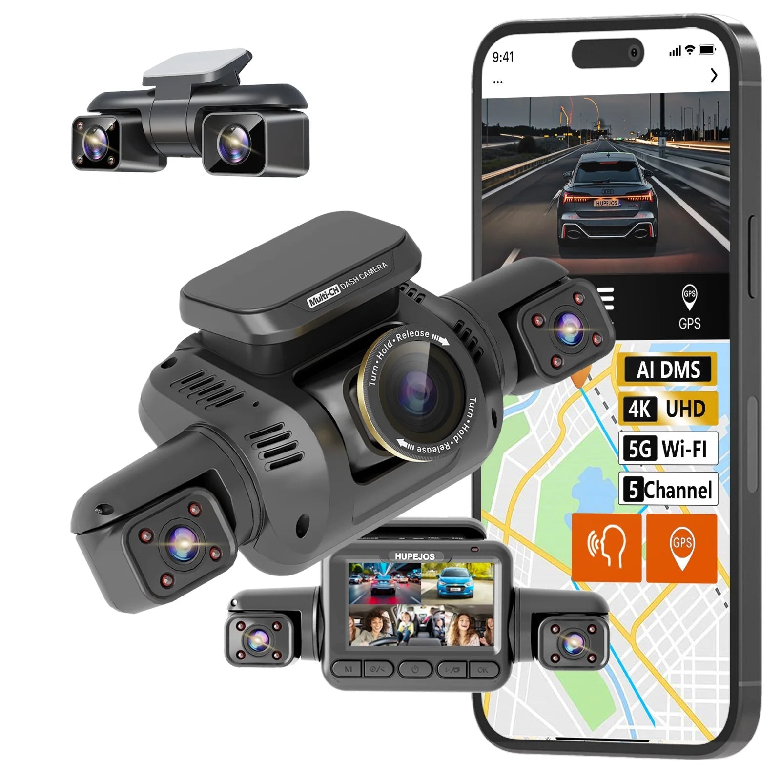 HUPEJOS 360° V8 Ultra-5CH 4K Dash Cam With AI Driver Monitor System DMS Built-in GPS WiFi Night Vision,24/7 Parking Monitor Mode Car Mobile World