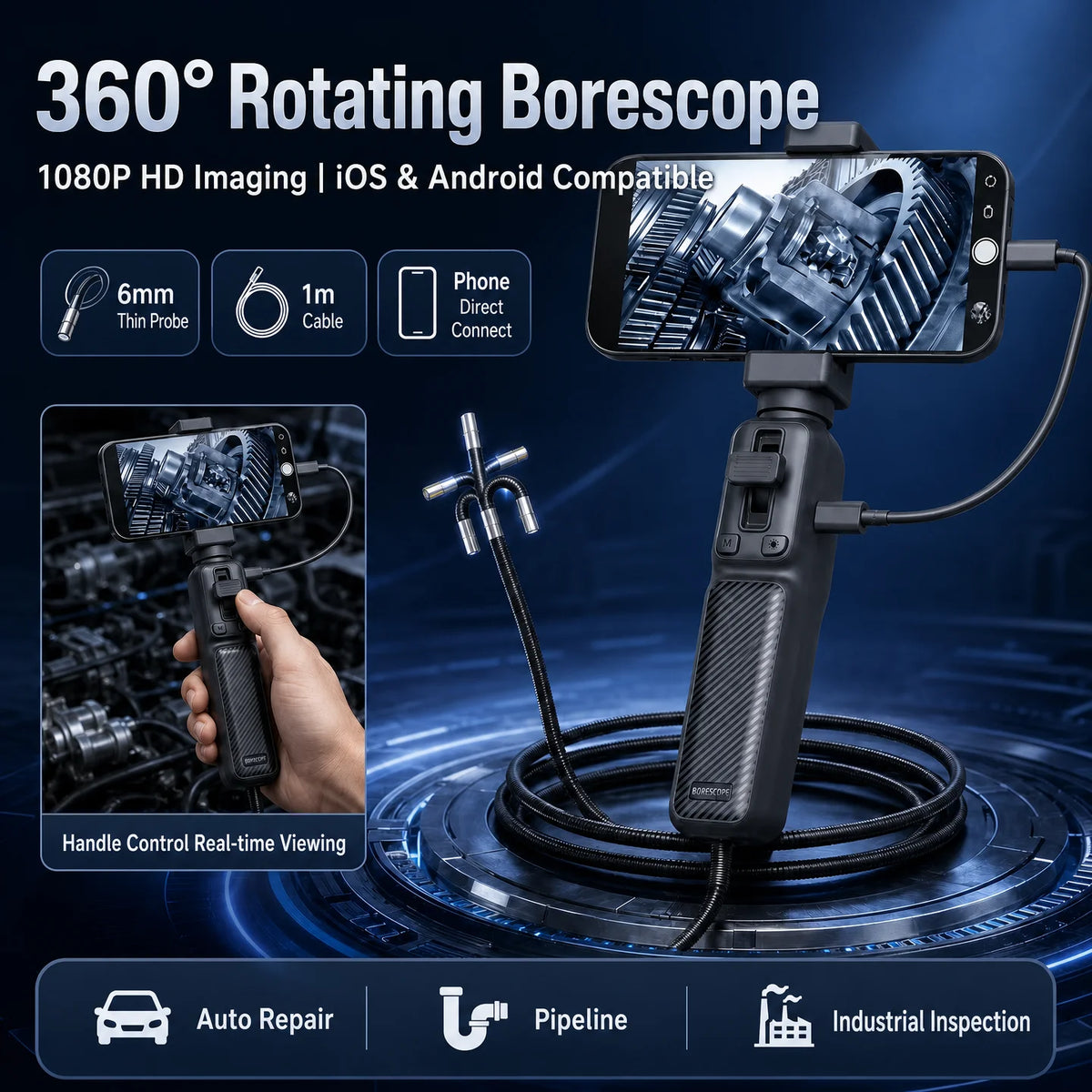3.9mm 6.2mm 8.5mm 360° Articulating Borescope 1080P HD Steering Endoscope Camera For iPhone iOS Android Car Pipe Inspection