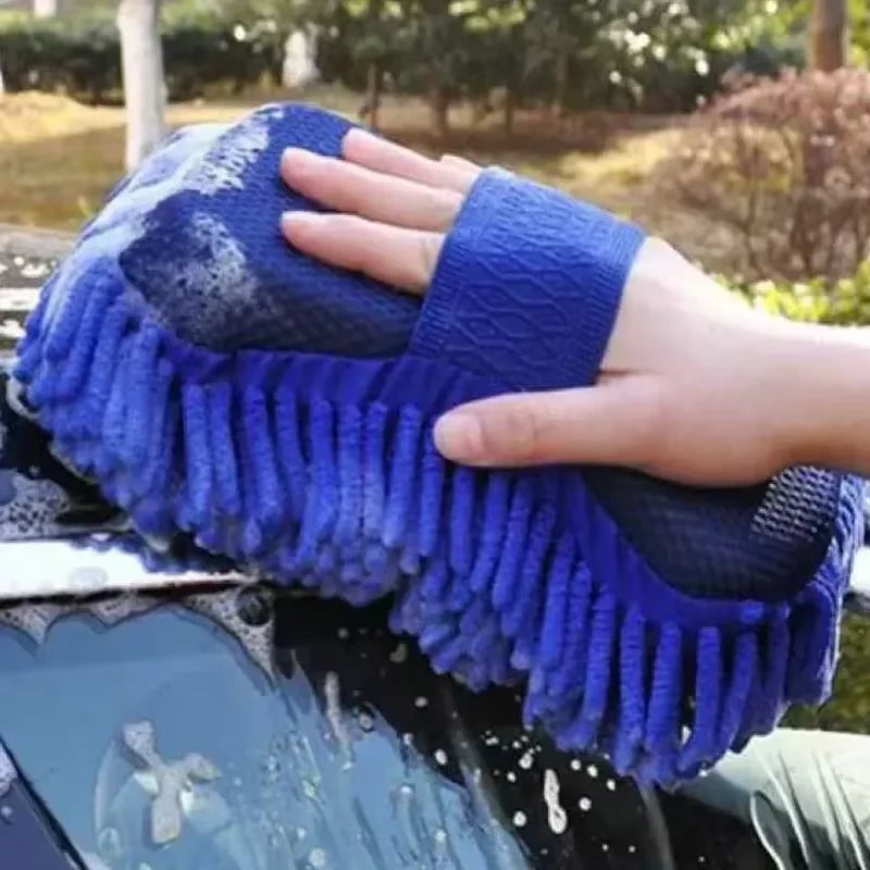 1/2Pcs Blue Microfiber Chenille Car Wash Kit, Auto Cleaning Sponge Pad Washing Glove Towel, Essential Auto Detailing Accessories CM World