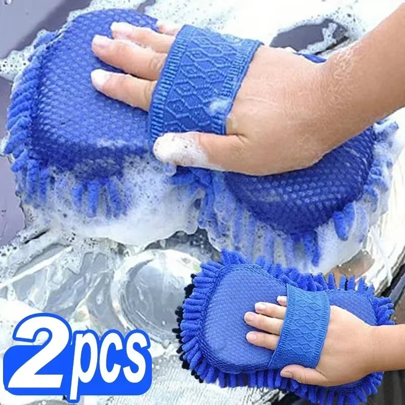 1/2Pcs Blue Microfiber Chenille Car Wash Kit, Auto Cleaning Sponge Pad Washing Glove Towel, Essential Auto Detailing Accessories CM World