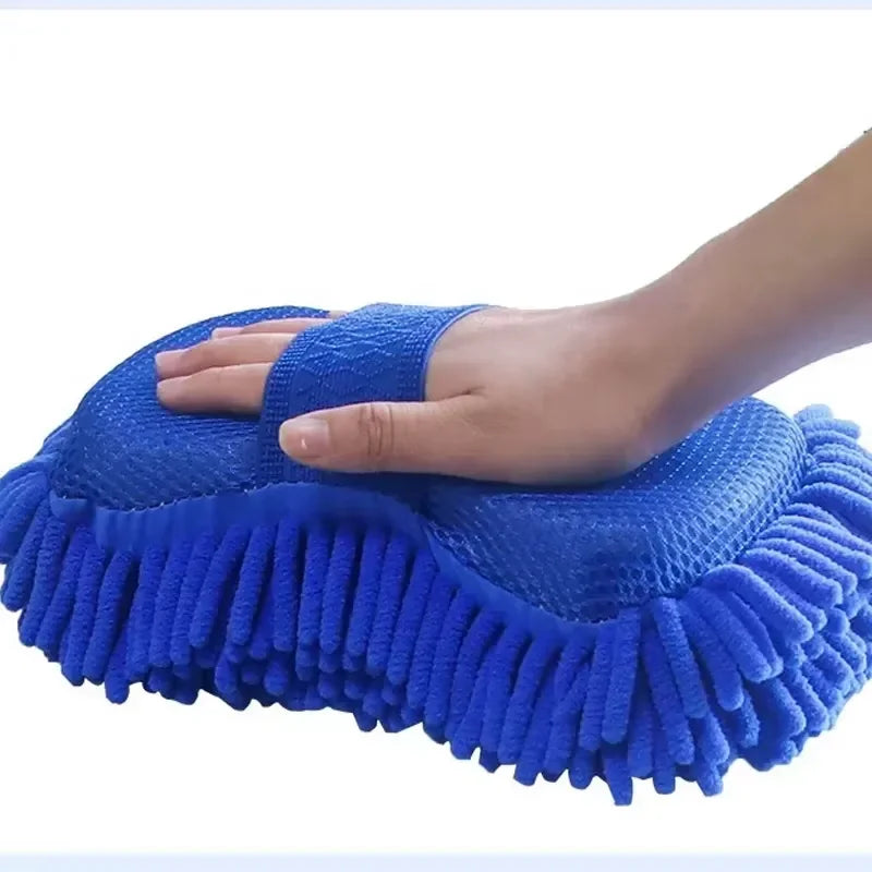 1/2Pcs Blue Microfiber Chenille Car Wash Kit, Auto Cleaning Sponge Pad Washing Glove Towel, Essential Auto Detailing Accessories CM World