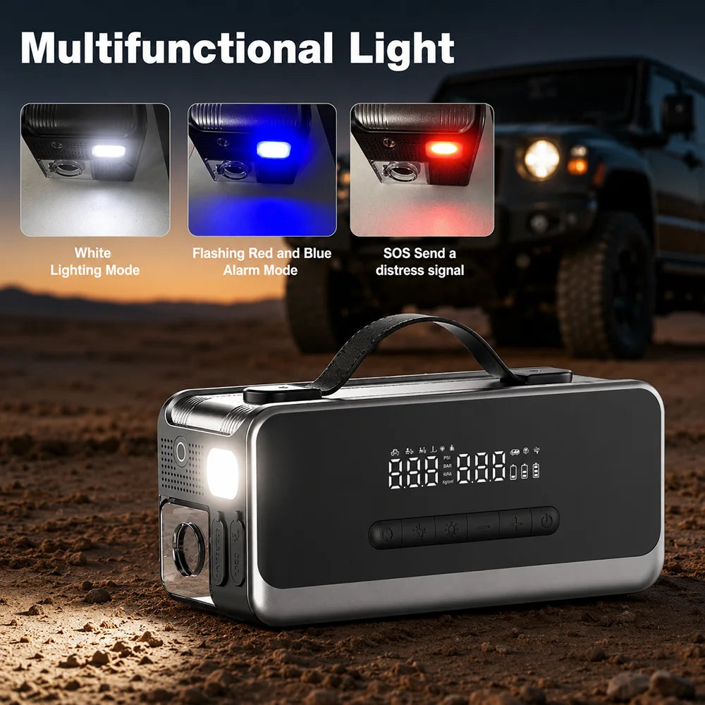 Jump Starter with 180PSI Air Pump & Air Blower, 12V 12-in-1 Emergency Power Pack with LED Light for 9.0L Gas / 6.5L Diesel