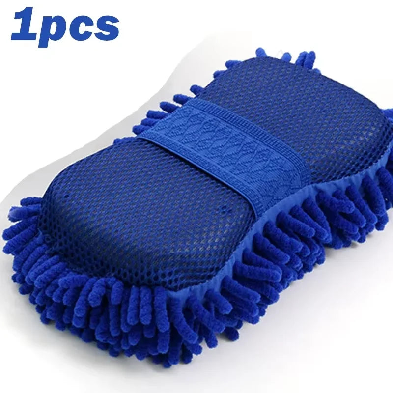 1/2Pcs Blue Microfiber Chenille Car Wash Kit, Auto Cleaning Sponge Pad Washing Glove Towel, Essential Auto Detailing Accessories CM World