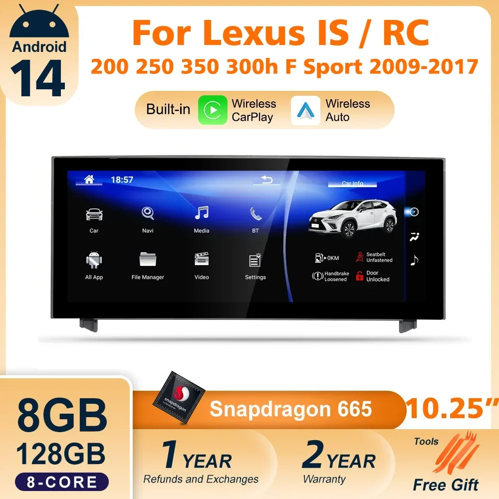 Android 14 Car Radio For Lexus IS RC 250 200 300 350 200t 300h 2013-2019 Wireless CarPlay Multimedia Video Player 4G GPS Navi