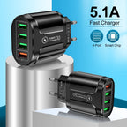 45W USB Charger Fast Charge QC 3.0 Wall Charging For iPhone 12 11 Samsung Xiaomi Mobile 4 3 Ports EU US Plug Adapter Travel Car Mobile World