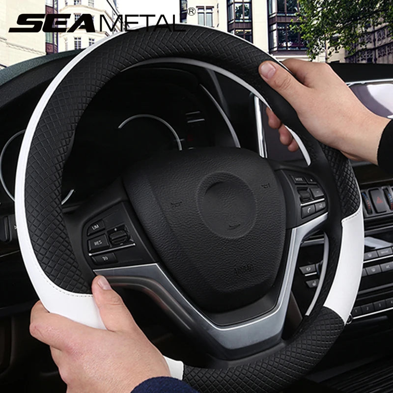 SEAMETAL Leather Car Steering-wheel Cover 38CM Car Sport Style Auto Steer Wheel Covers Anti-Slip Anti Scratch Steering Cover CM World