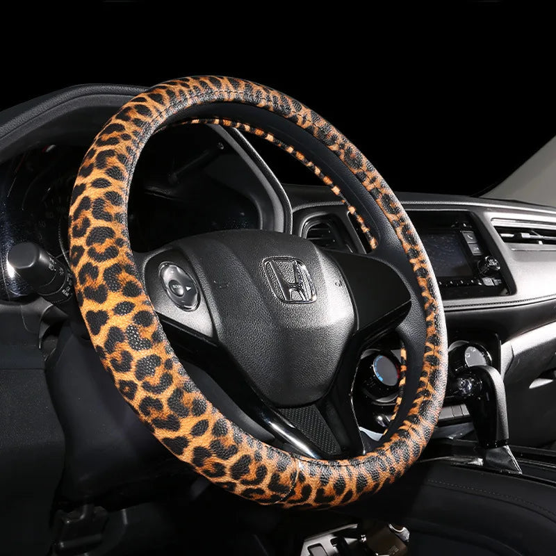 Leopard Printing Steering Wheel Cover Universal Leather Two Tone Car Interior Steering Covers Case 37-38CM Accessories CM World