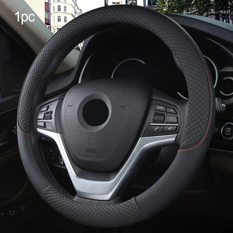 SEAMETAL Leather Car Steering-wheel Cover 38CM Car Sport Style Auto Steer Wheel Covers Anti-Slip Anti Scratch Steering Cover CM World