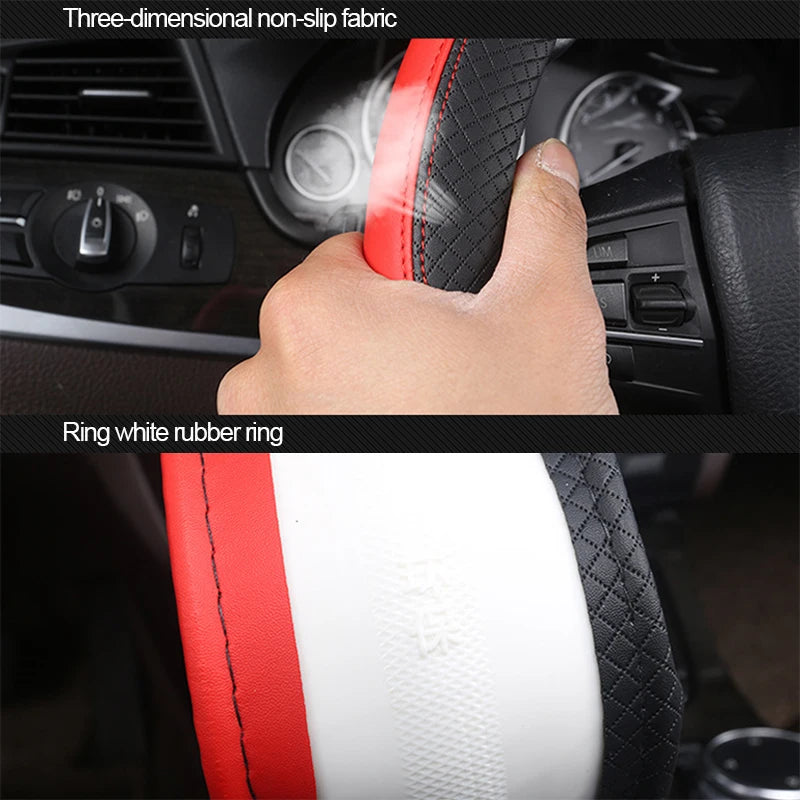 SEAMETAL Leather Car Steering-wheel Cover 38CM Car Sport Style Auto Steer Wheel Covers Anti-Slip Anti Scratch Steering Cover CM World