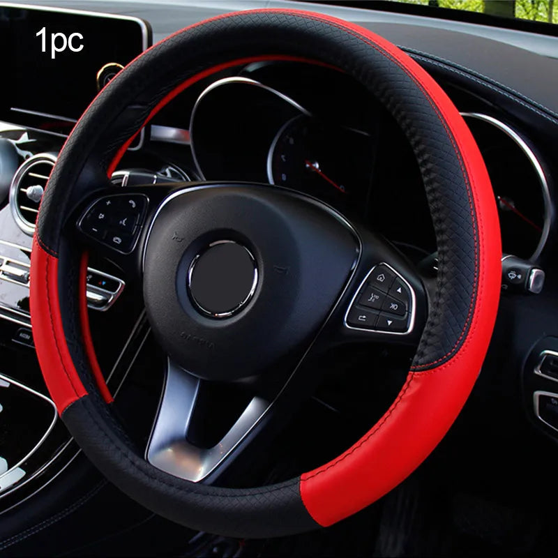 SEAMETAL Leather Car Steering-wheel Cover 38CM Car Sport Style Auto Steer Wheel Covers Anti-Slip Anti Scratch Steering Cover CM World
