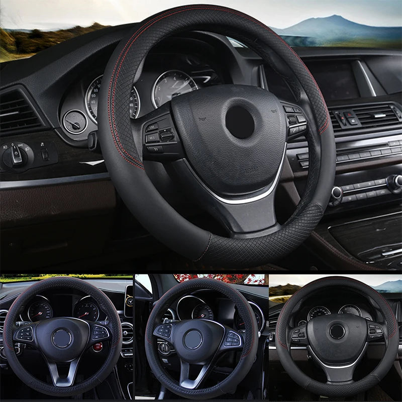 SEAMETAL Leather Car Steering-wheel Cover 38CM Car Sport Style Auto Steer Wheel Covers Anti-Slip Anti Scratch Steering Cover CM World
