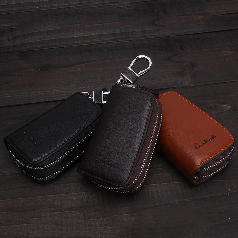 CONTACT'S Genuine Leather Car Key Wallets Fashion Key Holder Housekeeper Keys Organizer Double Zipper Keychain Case Key Pouch