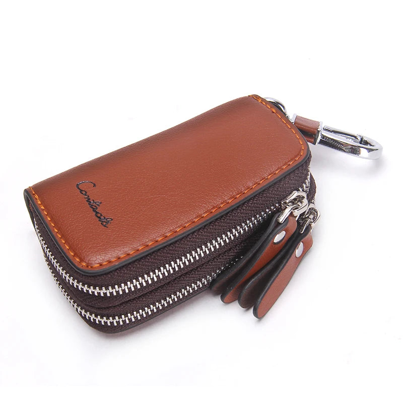 CONTACT'S Genuine Leather Car Key Wallets Fashion Key Holder Housekeeper Keys Organizer Double Zipper Keychain Case Key Pouch