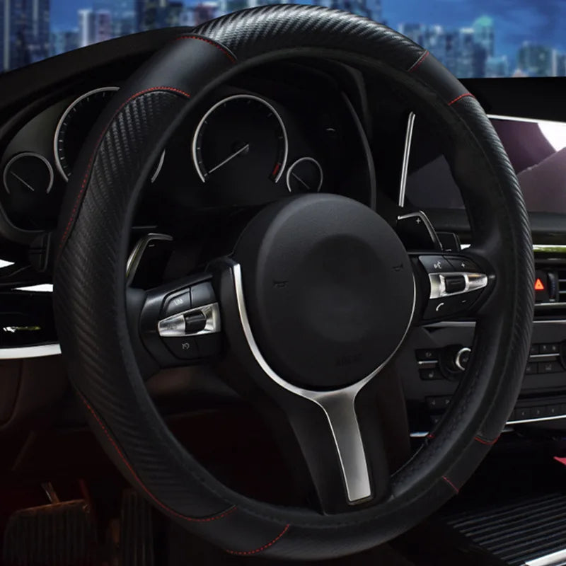 Carbon fiber pattern PU leather steering wheel cover with no inner ring design, full elasticity, anti slip and wear-resistant, m CM World