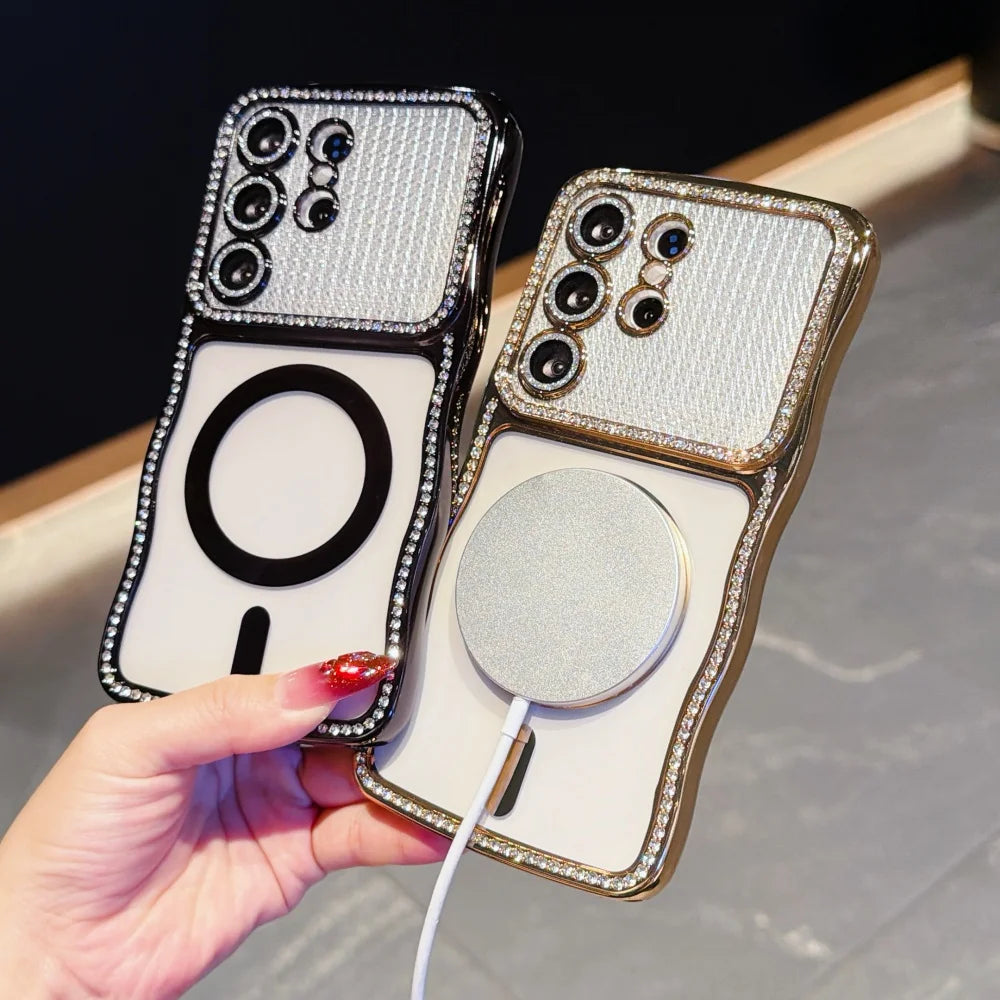 Luxury Glitter Diamond for Magsafe Plating Case for Samsung Galaxy S26 Ultra Plus Bling Camera Protector Transparent Wave Cover