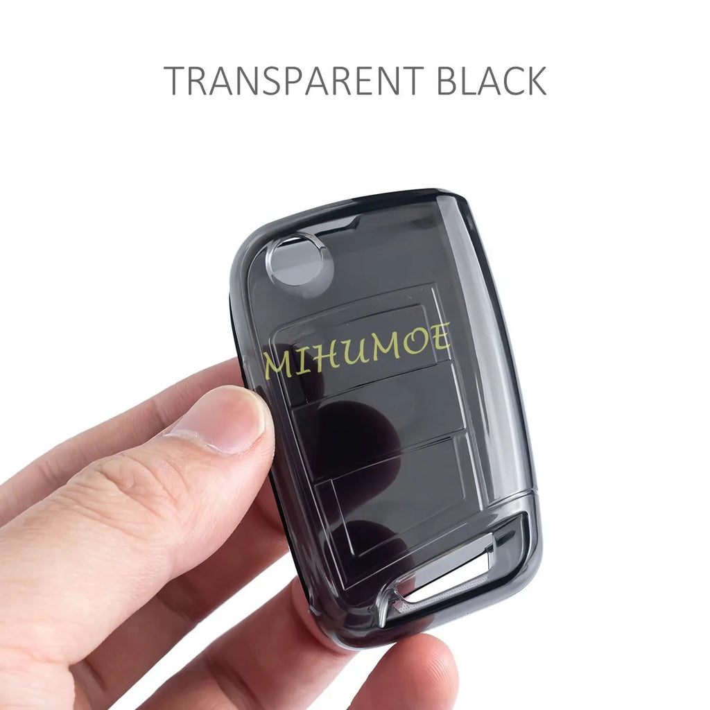 For Skoda VW Black Transparent Car Flip Key Fob Case Cover Keychain Ring Kodiaq Superb Octavia Karoq Tiguan Golf Polo SEAT Ateca CM World