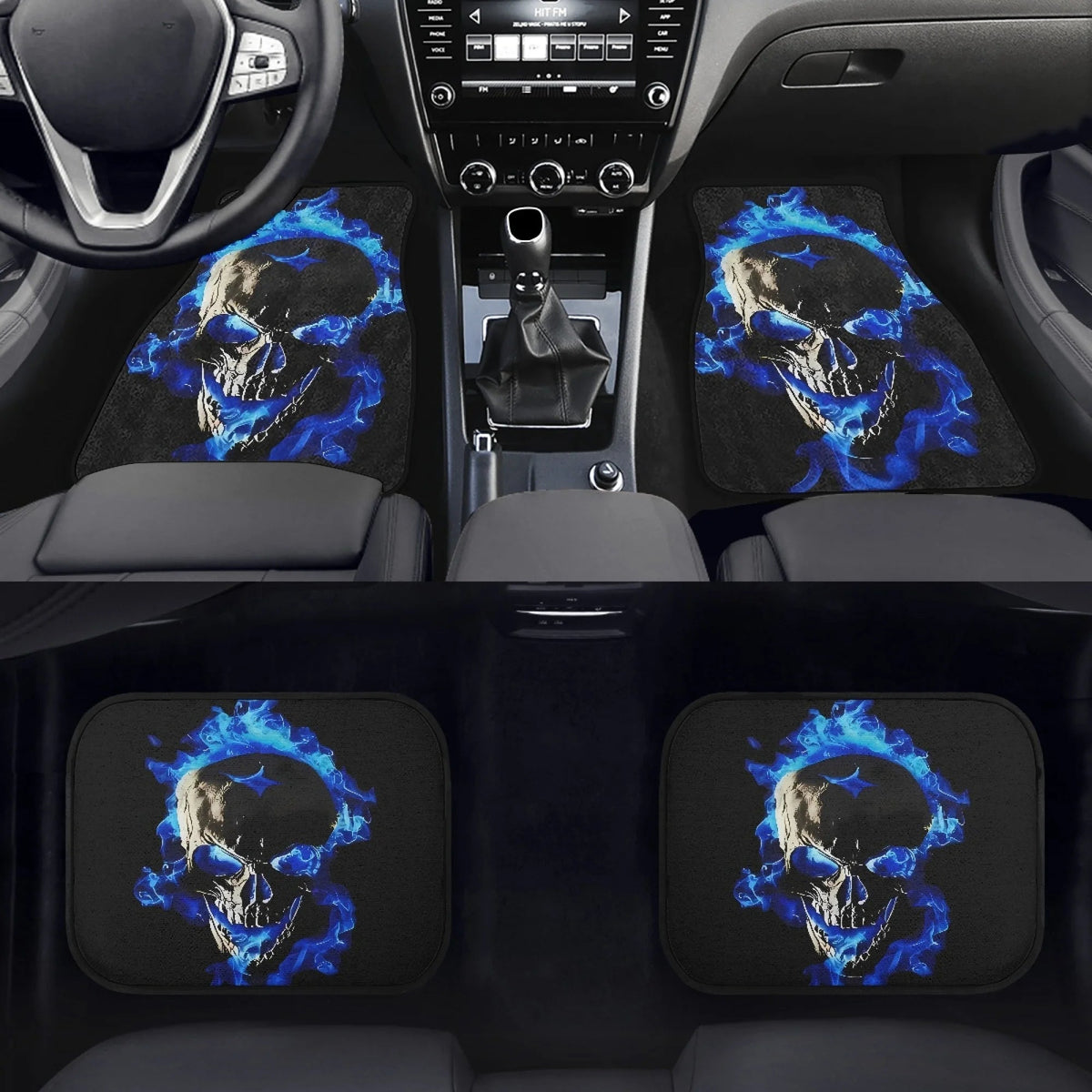 4pcs Skull with Blue Flames Car Floor Mats - Universal Fit, Washable Polyester Material, Ideal Automotive Gift Car Mobile World
