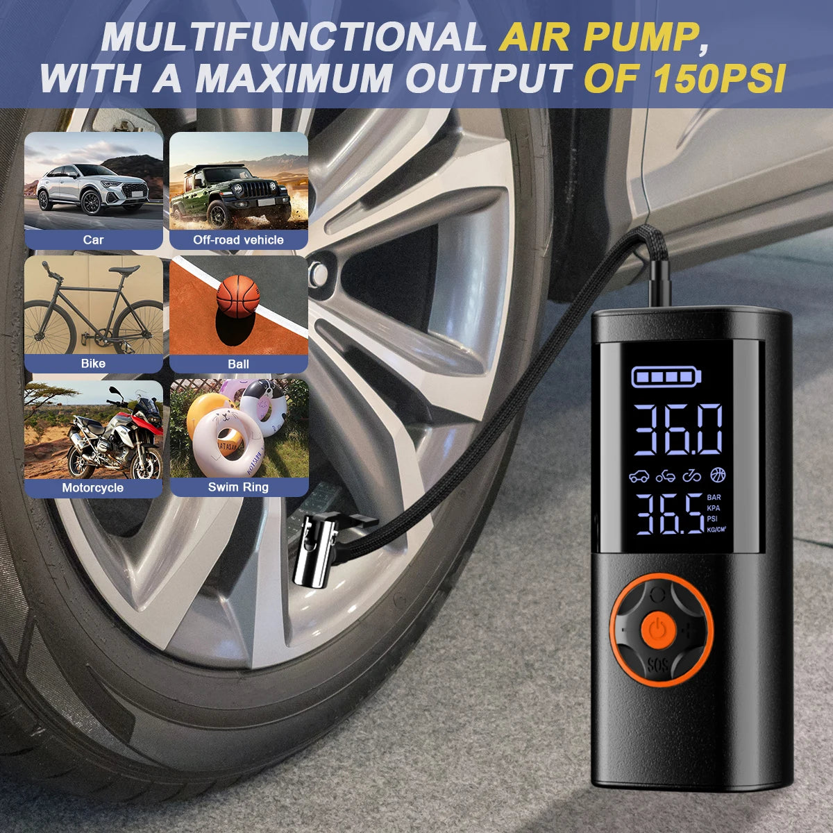 7-in-1 Multifunctional Portable Emergency Jump Starter with Inflator Inflatable Pump,Air Compressor for Car Motorcycle Bicycle