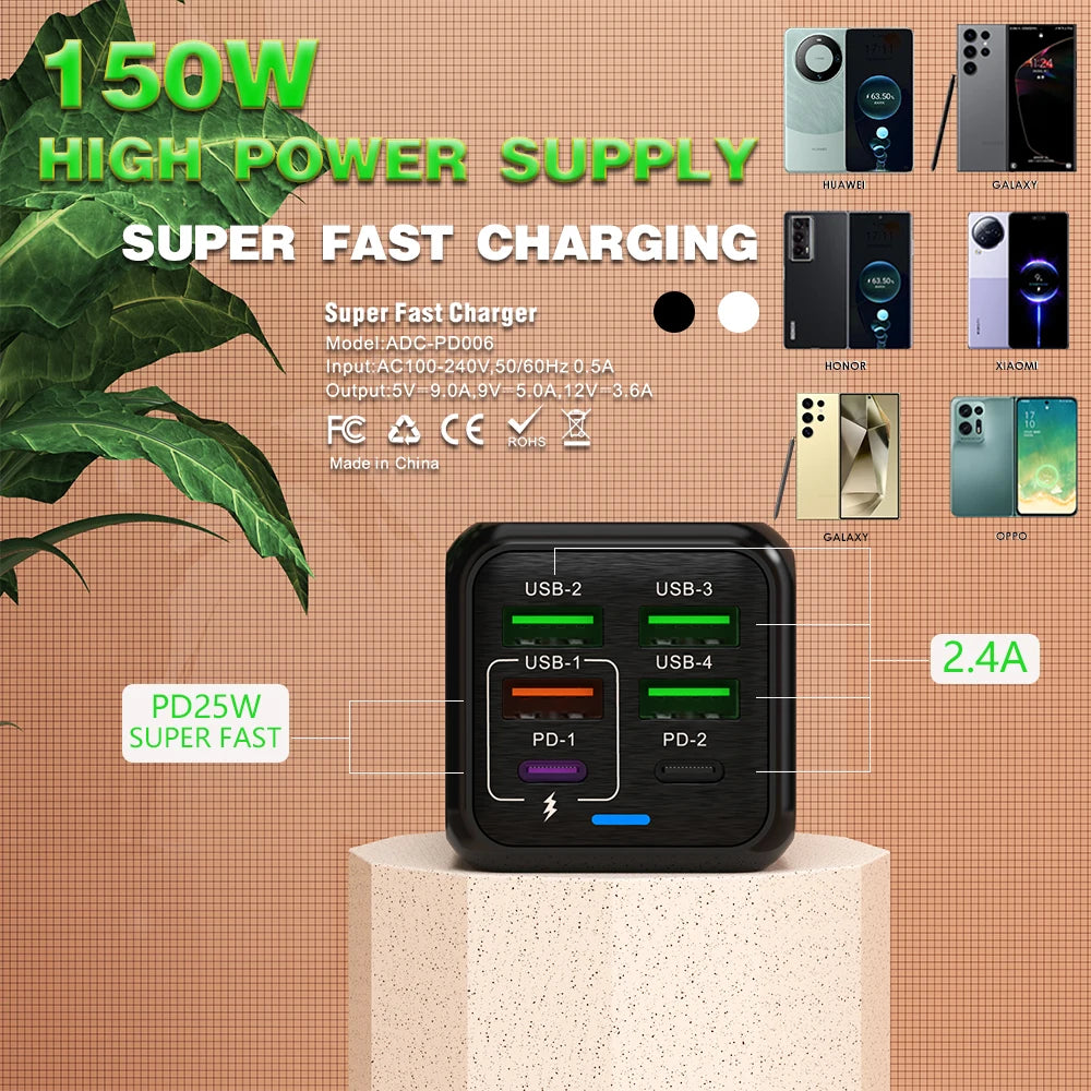 150W 6 Ports Pd QC 4.0 Usb C Fast Charger Wall Adapter Super Fast Charging For Iphone Samsung Ipad Xiaomi Huawei Oneplus Oppo Car Mobile World