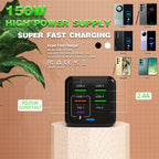 150W 6 Ports Pd QC 4.0 Usb C Fast Charger Wall Adapter Super Fast Charging For Iphone Samsung Ipad Xiaomi Huawei Oneplus Oppo Car Mobile World