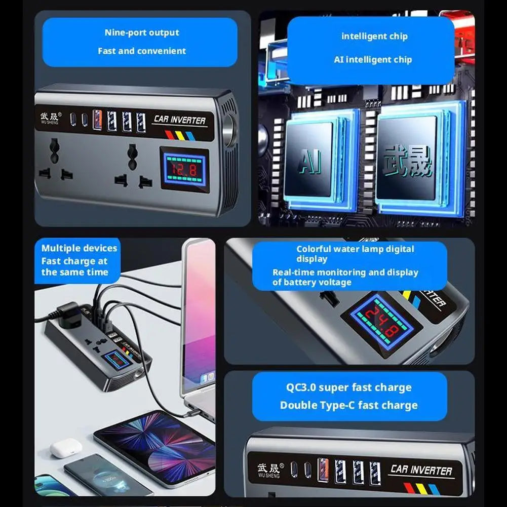 Portable Car Inverter Converter Fast Charging Ports Automotive Charger 12V/24V To 220V Inverter 3 USB Ports Vehicle Accessories CM World