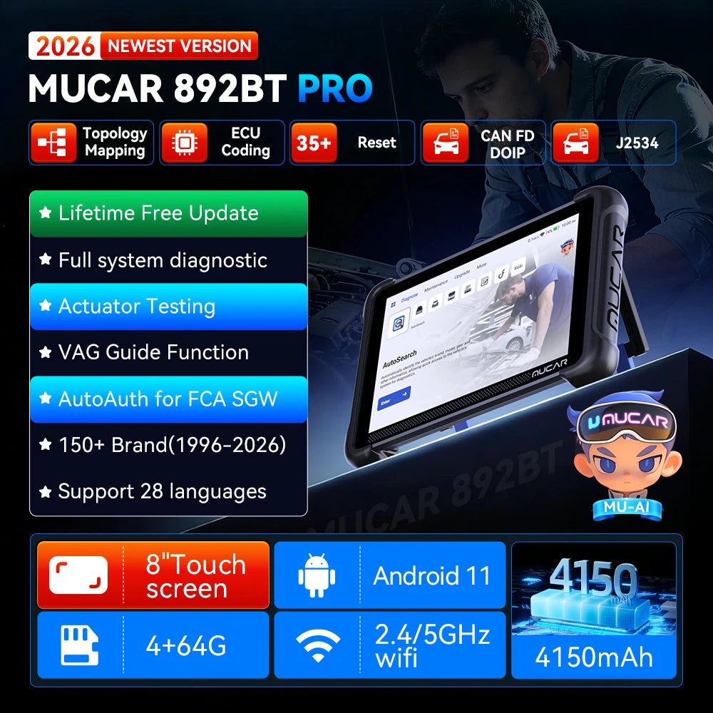 MUCAR 892BT PRO AI Key Programmer TKEY 101 Topology Automotive Diagnostic Tool J2534 Bidirectional Car Obd2 Scanner ECU Coding C Car Mobile World
