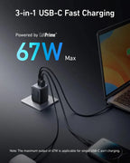 Anker Prime 67W GaN Charger 3-Port USB C Compact Wall Charger Fast Charging For MacBook Pro/Air, iPhone 15,16  iPad Pro Laptops Car Mobile World