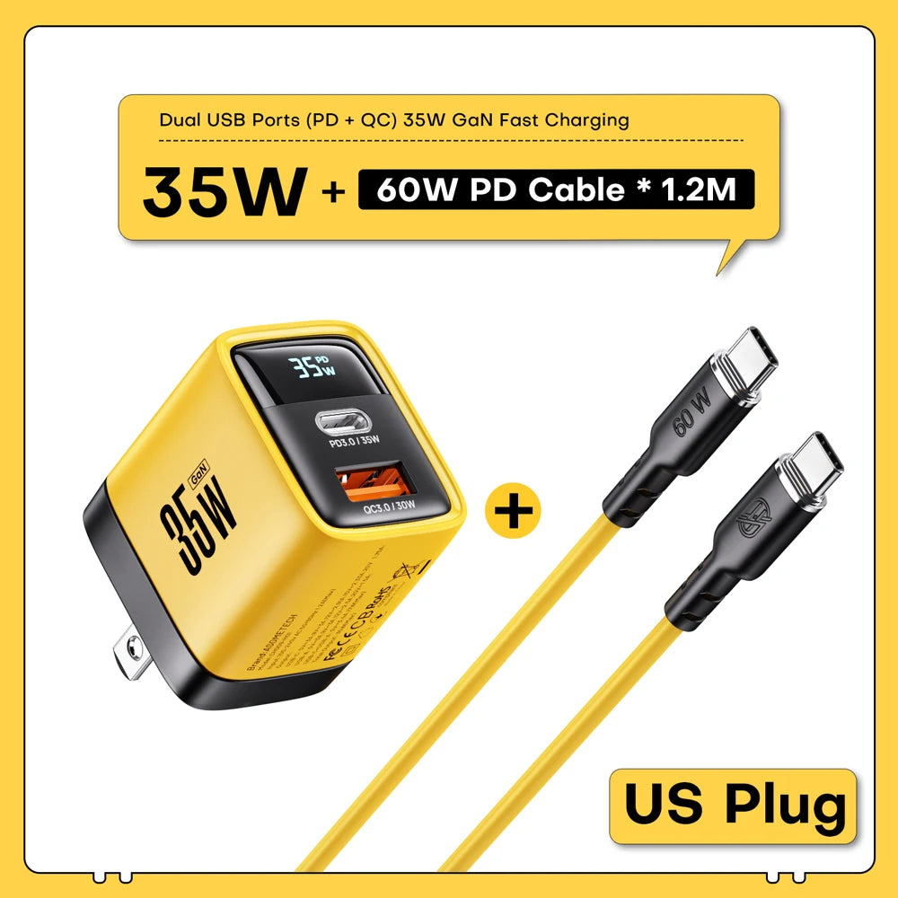 35W GaN Charger LED Display USB Charger for IPhone 14 Pro Samsung Xiaomi IPad Pro PD 3.0 QC 3.0 Quick Charger USB C Fast Charge Car Mobile World