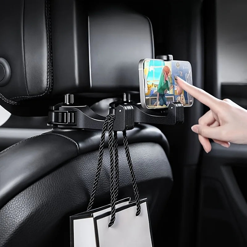 Multi-functional 2 In 1 Car Hook Hidden Multifunctional Rear Headrest Hook Car Rear Phone Holder Lock Type Mobile Phone Holder