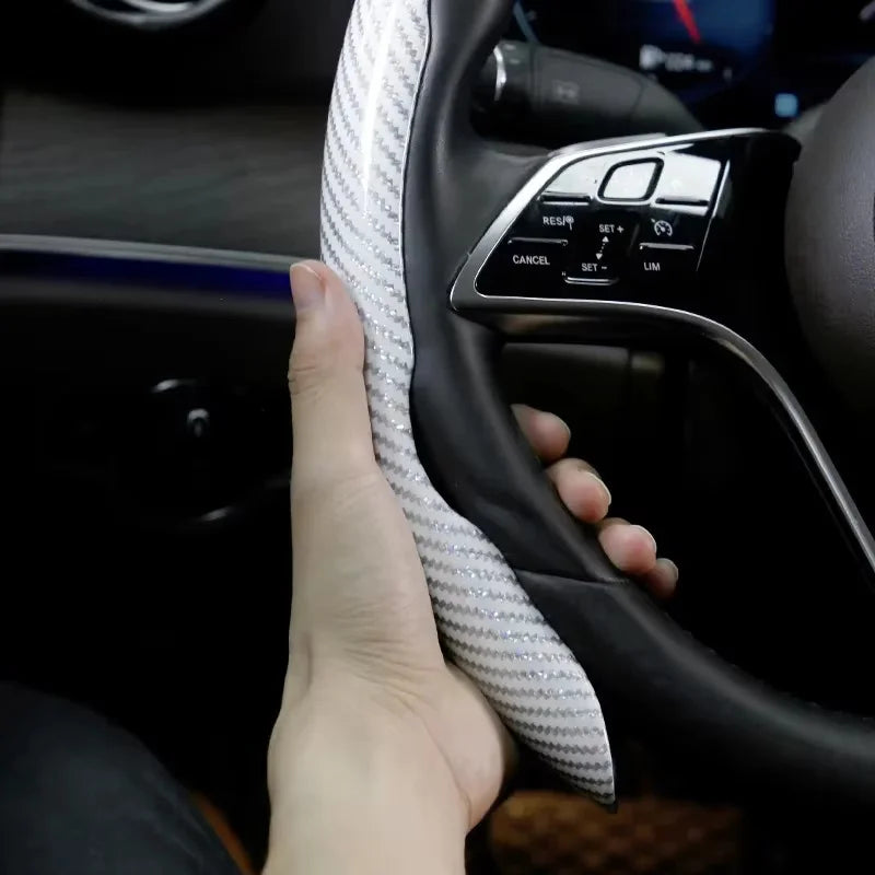 1/2PCS Laser Carbon Fiber Silicone Car Steering Wheel Cover 1K Micro Fiber Leather PVC Wheel Booster Cover Non-Slip Universal