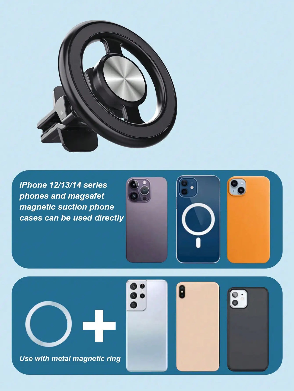 Aluminum Alloy Magnetic Car Phone Holder – 360° Rotation, Compatible with iPhone 12/13/14 Series & All Smartphones