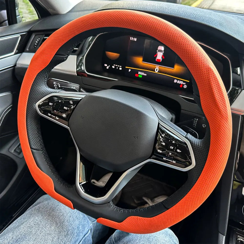 Leather D cut Auto Steering Wheel Cover Ultra-Thin Breathable Non-Slip D Shape Sport Car Steering Wheel Protector Accessories CM World