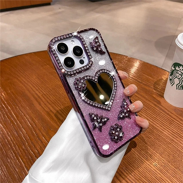 For iPhone 16 Pro Max Luxury Flash Glitter Butterfly Love Mirror Plating Frame Phone Case For iPhone 13 14 15 Plus 17 Air Cover