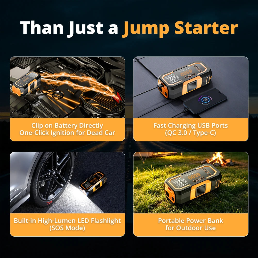 Power Bank 6500A 14V Car Battery Jumper Starter Booster Powerful Car Jump Starter Portable Charger Petrol Diesel Auto Starting Device Booster Emergency Starter Portable Power Generator Car Accessories Automotive Tools for 6.0