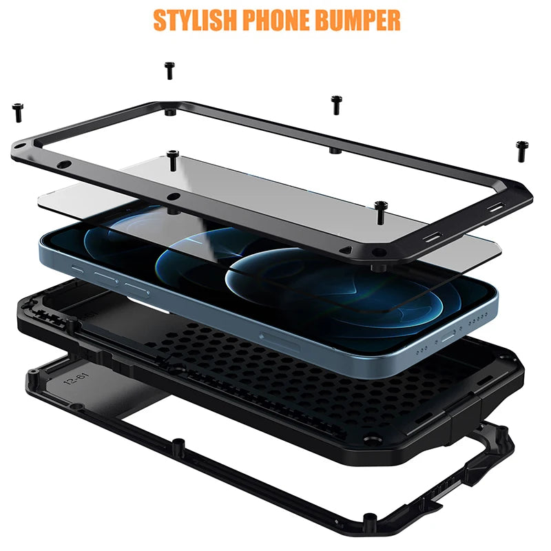 IP54 Waterproof Heavy Duty Metal Case For iPhone 17 Air 16 15 Pro Max 14 Plus 13 12 Mini 11 With Gorilla Glass Cover Fundas