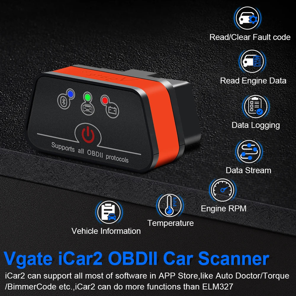Vgate iCar2 ELM327 V2.2 OBD2 Scanner For Android iOS Bluetooth 3.0 WiFi OBD 2 Car Diagnostic Tool Code Reader PK KONNWEI KW906 Car Mobile World
