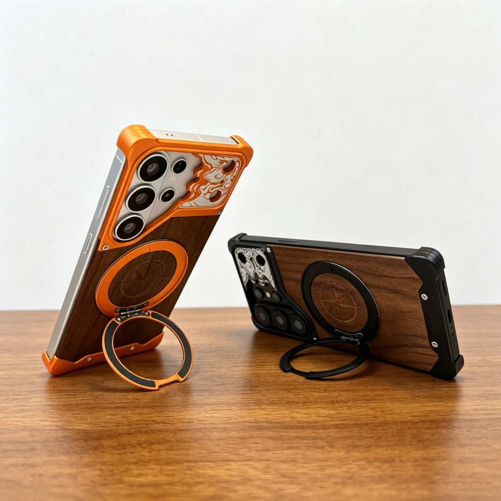 Aluminum Metal Frame Wood Back Case For Samsung Galaxy S26 Ultra S25 S24 S23 S22 Ultra 360° Magnetic Holder Wireless Charging