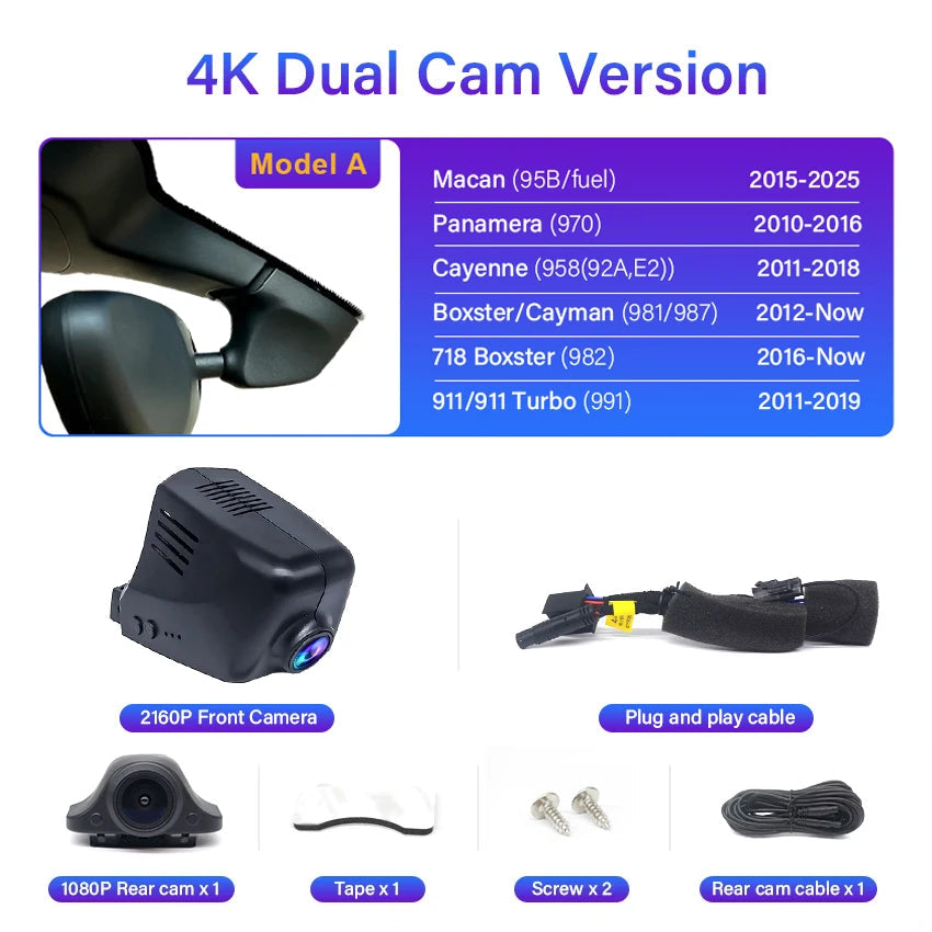 4K Plug And Play Easy Installation Wifi Car DVR Dash Cam For Porsche Cayenne/Macan/911/Taycan/Panamera/718 Boxster & Cayman Car Mobile World