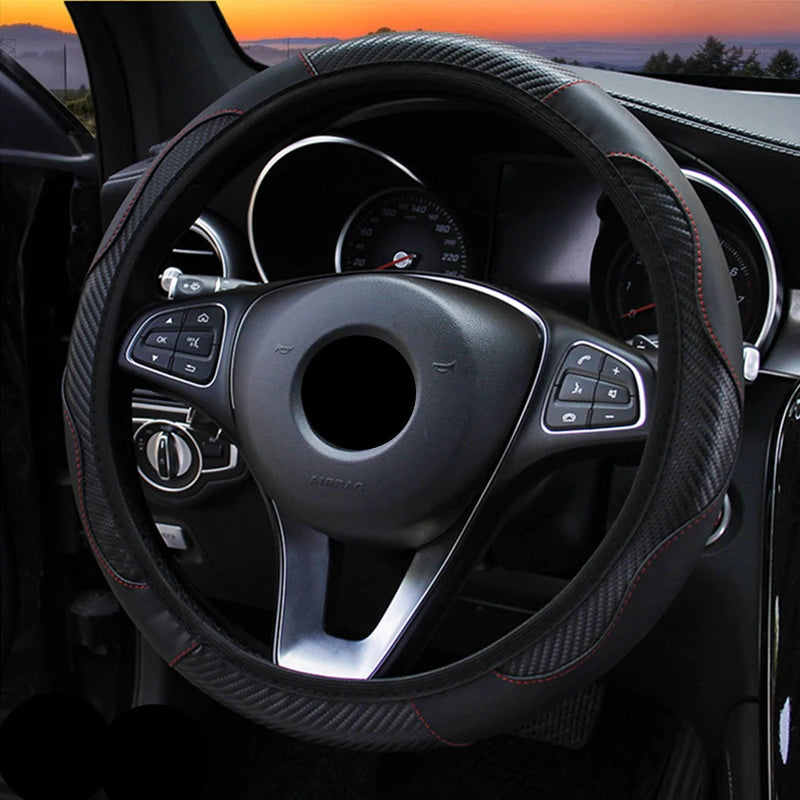 Car accessories Carbon Fiber PU Leather Steering Wheel Cover for Hyundai I10 Peugeot 2008 Dacia Sandero Stepway CM World
