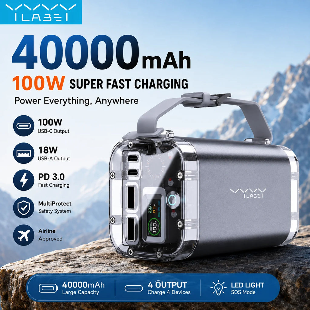Vyvylabs 40000mAh 100W Power Bank USB C PD Fast Charging Portable Battery with Emergency Flashlight for Camping Travel Emergency
