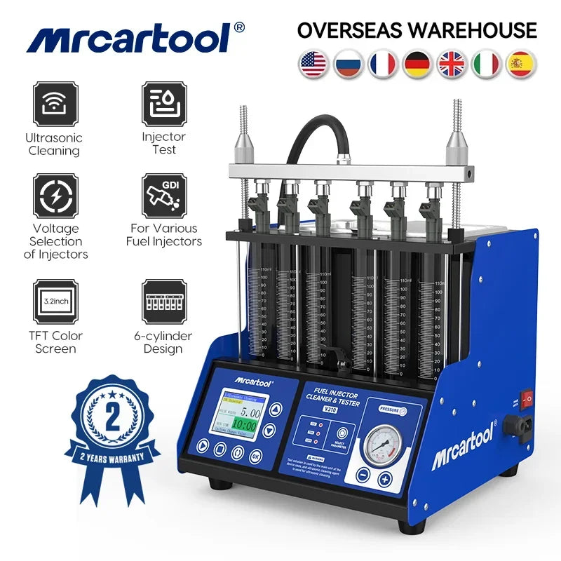 MR CARTOOL V310 Fuel Injector Cleaner & Tester Machine, 6‑Cylinder Ultrasonic Cleaning Tester for GDI EFI FSI Petrol Car Injector Nozzle, Auto Fuel System Diagnostic Inspection Tool for Repair Workshop