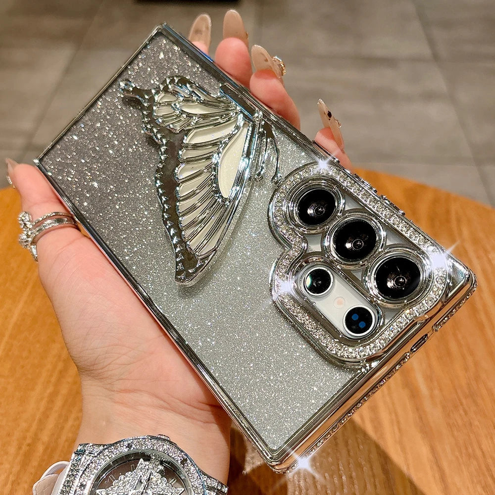 Jewelled Glitter Bling Butterfly Stand Holder Case For Samsung S25 Edge S24 S23 S26 Ultra S22 Plus A73 A54 A16 Shockproof Cover Car Mobile World