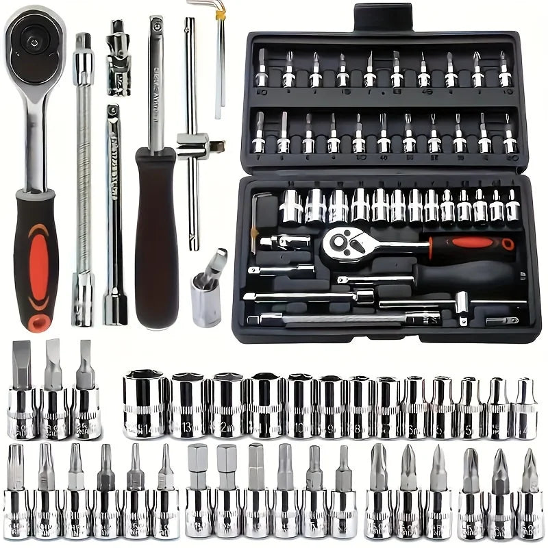 46pcs 1/4 Inch Drive Socket Set for Motor Ratchet Wrench Set Motorcycle Tool Kit, Bit Socket Wrench Set Metric Mechanic Tool Set CM World
