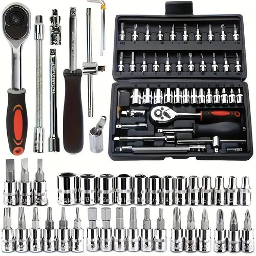 46pcs 1/4 Inch Drive Socket Set for Motor Ratchet Wrench Set Motorcycle Tool Kit, Bit Socket Wrench Set Metric Mechanic Tool Set CM World