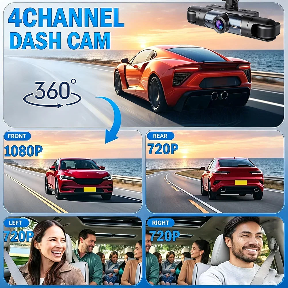 3/4CH 1080P HD  Dash Cam Car DVR Black Box Wide-Angle Lens Front Rear Inside Left Right Parking Mode Loop Recording Car Camera