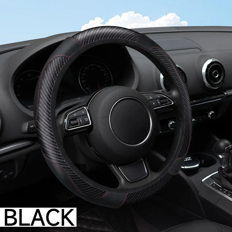 Universal Car Steering Wheel Cover Carbon Fiber Leather Embossed Car Handle Cover Suitable For Car Steering Wheels Men Women CM World