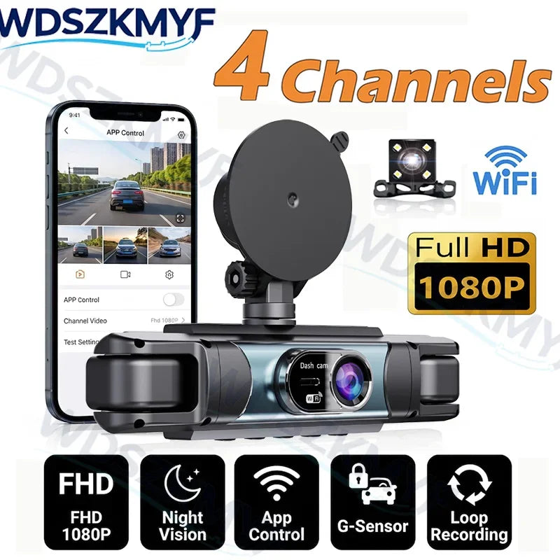 4CH Dash Cam FHD 1080P WiFi Video Recorder Car DVR 3Cam Night Vision Front left right Rear Black Box 24H Parking Loop Recording